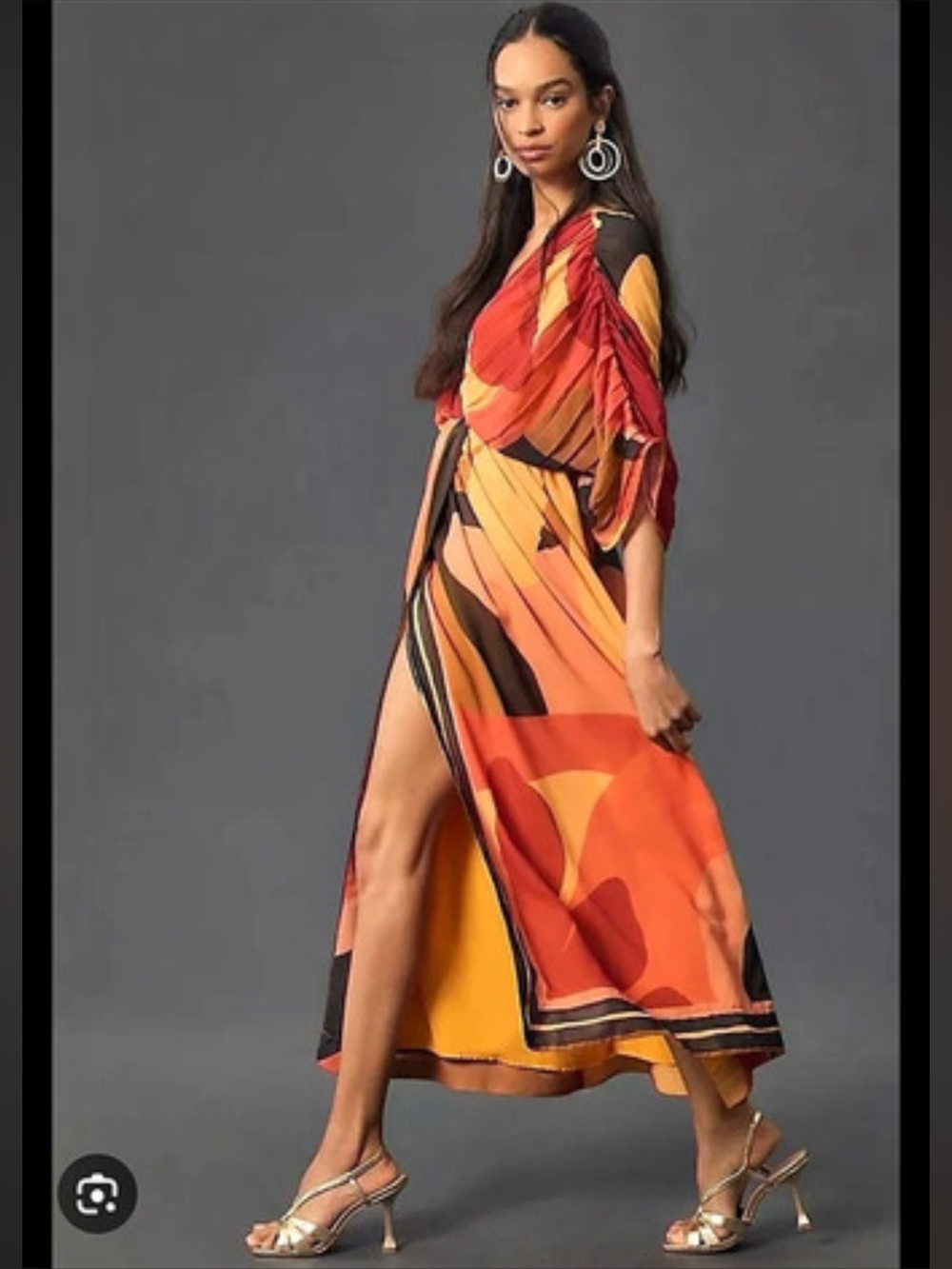 Farm Rio Short- Dolman Sleeve Wrap-Front Maxi Dress Orange & Red XS NWT